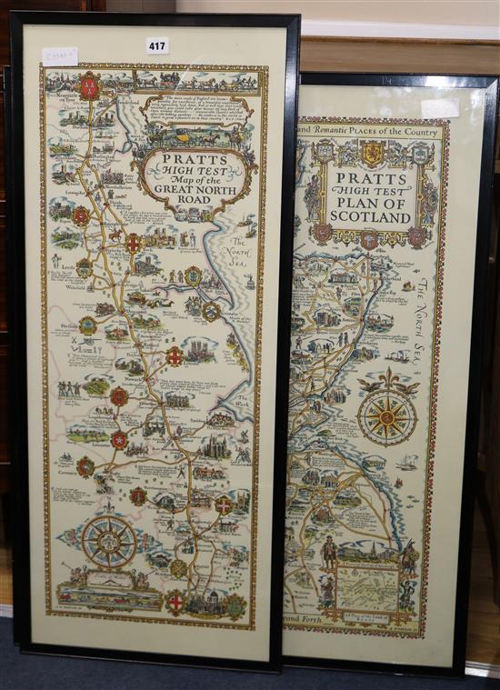 Pratts, 2 High Test Maps, Plan of Scotland and a Map of the Great North Road, largest 93 x 37cm